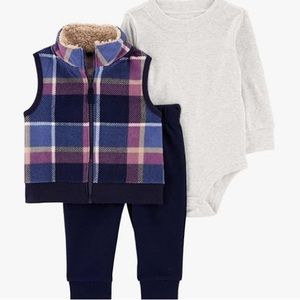 NWT Carter's Baby Boys' 3 Piece Plaid Patch Little Vest Set 6 months